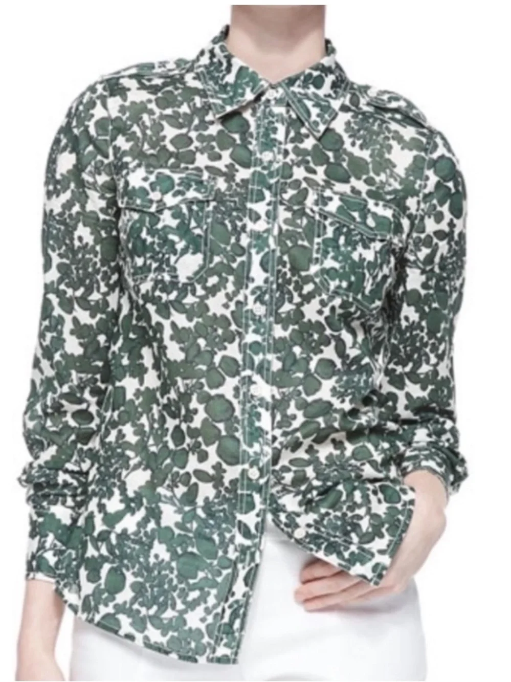 Tory Burch Womens Green White Vine Pattern Brigitte Button Up cotton top Size 6